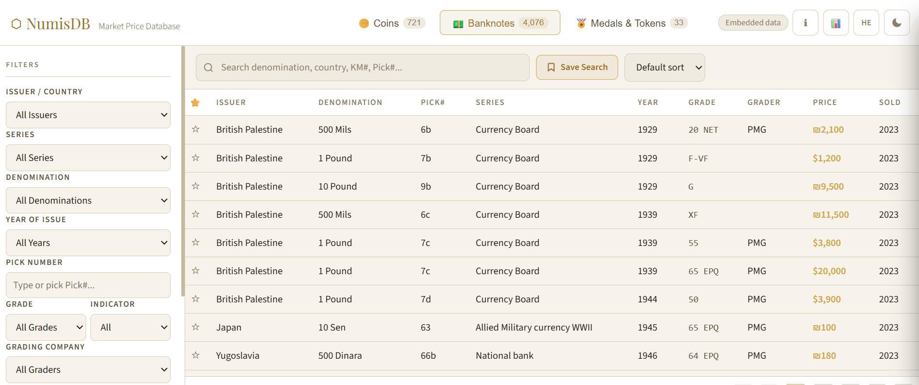 NumisDB catalogue interface showing banknotes with market prices